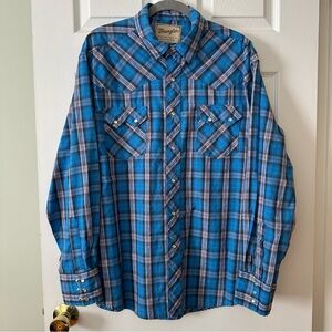 Wrangler Men’s XL Blue Plaid Western Pearl Snap Shirt Silver Thread Long Sleeve